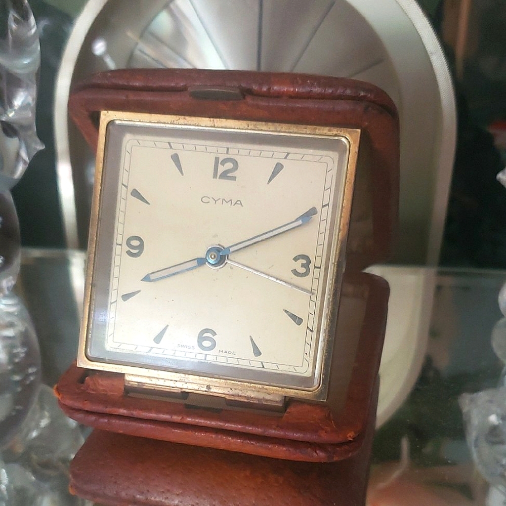 Vintage Cyma Travel Alarm Clock Leather Box Swiss Made
